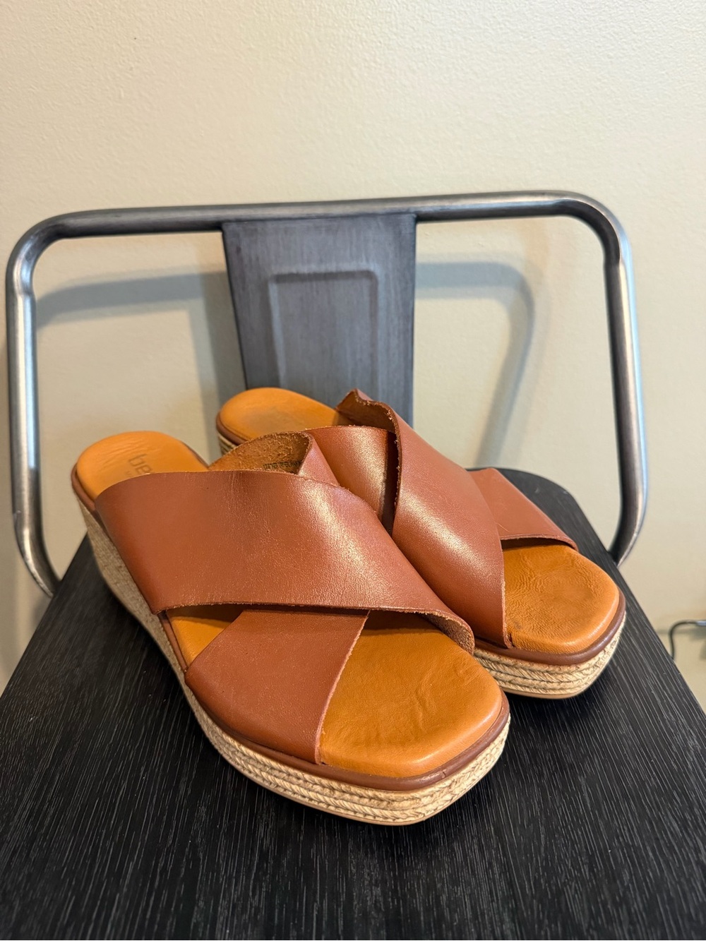 Bertuchi Brown Leather Platform Wedge Slide Sandals Size 38